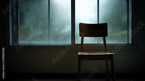 A solitary wooden chair positioned near a rain-drenched window, evoking feelings of solitude and reflection in a dimly lit room.