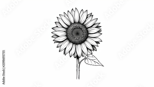 Detailed black and white hand drawn sunflower illustration isolated on white background.