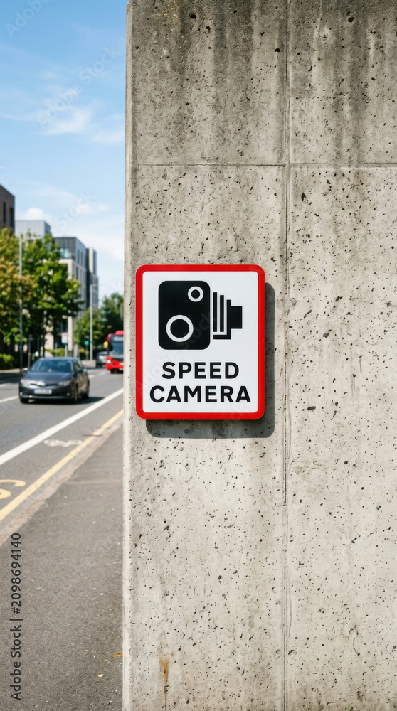 Obraz premium Street Speed Camera Sign On Concrete Wall Near Roadway