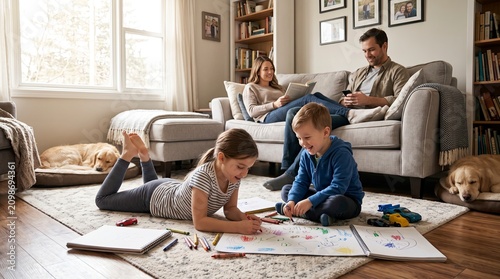 Happy Family with Children and Dogs Relaxing in Cozy Living Room at Home