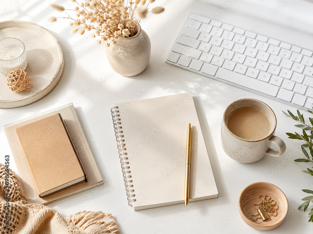 Fototapeta premium Cozy minimal workspace with notebook keyboard and coffee
