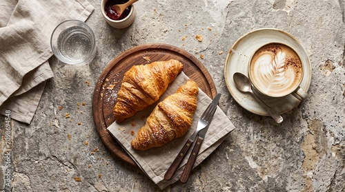 Gourmet Breakfast Flat Lay with Fresh Croissants and Latte Art Coffee on Dark Textured Slate
