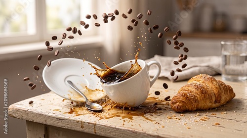 Dynamic coffee splash with flying beans and fresh croissant on a rustic table