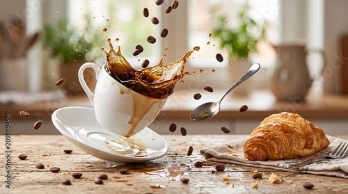 Dynamic coffee splash with flying beans and fresh croissant on a rustic table