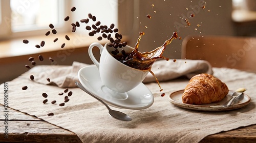 Dynamic coffee splash with flying beans and fresh croissant on a rustic table
