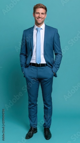 Smiling young man in a blue suit standing against a teal