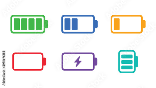 Minimal Battery Icons Set – Flat Vector Battery Charge Level Symbols in Bold Solid Colors for UI, Mobile Apps, Web and Infographics