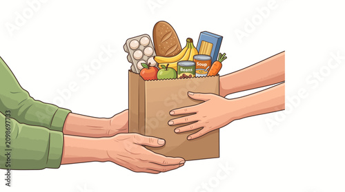Two people exchanging a cardboard box filled with various grocery items on a plain white background.