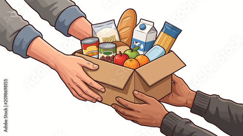Illustration of two people exchanging a cardboard box filled with various grocery items on a white background.