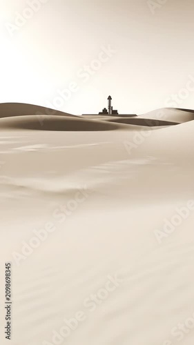 Sand dunes in desert with distant structure.