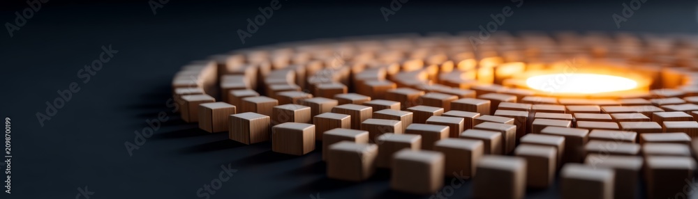 Obraz premium organizational network structure, decision making, leadership, strategy, Illuminated Wooden Block Network in Wide Arc with Copy Space