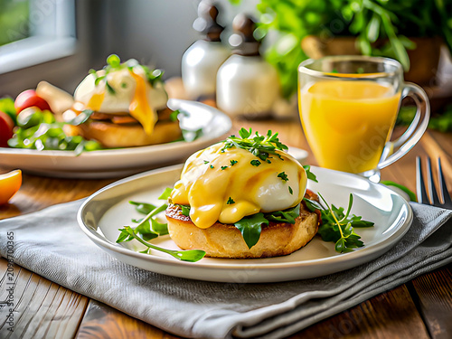 Eggs Benedict Breakfast with Hollandaise Arugula Orange Juice Close Up