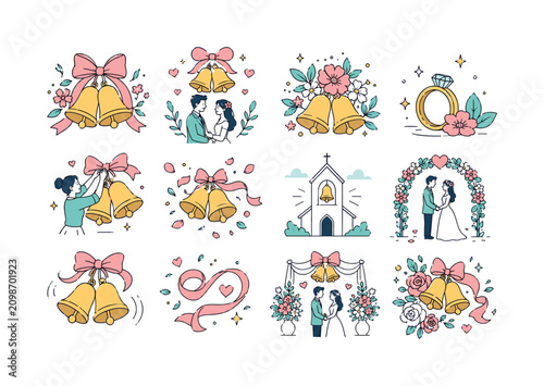 Wedding Bells Ceremony. Wedding bell pair, church ceremony symbol, ribbon bells, romantic celebration, floral decor and joyful marriage announcement. 12 minimalist editorial vector scenes: two bells