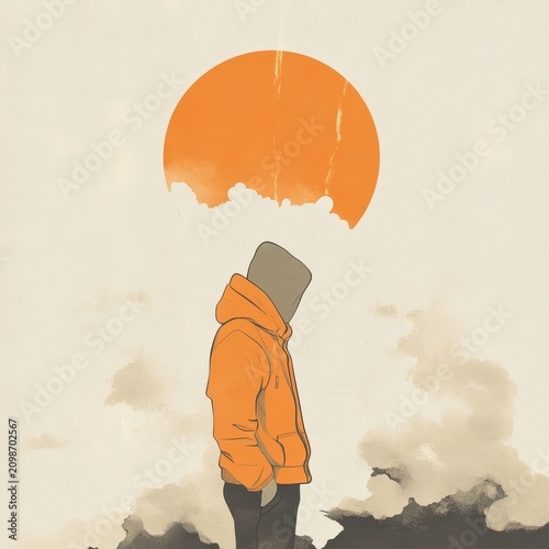 Person in orange hoodie with head down stands against warm sun and cloudy sky backdrop.