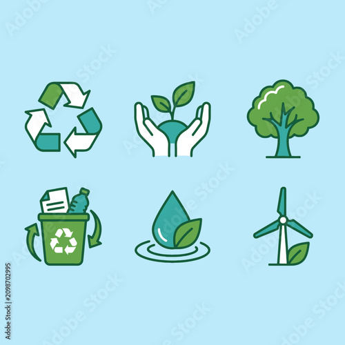 Foto Set of six flat design icons representing environmental sustainability concepts