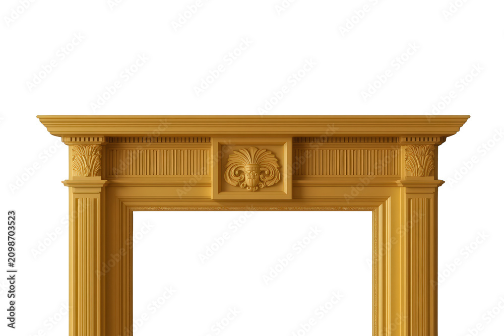 Obraz premium Classical decorative fireplace mantel with carved wood details and relief ornament, isolated, transparent background