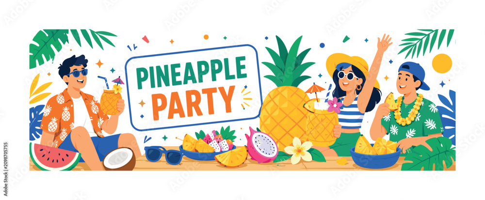 Fototapeta premium Pineapple Party banner, clean editorial composition with one wide tropical fruit celebration scene, 3 geometric friends around an oversized pineapple and oversized tropical drink, beach picnic table
