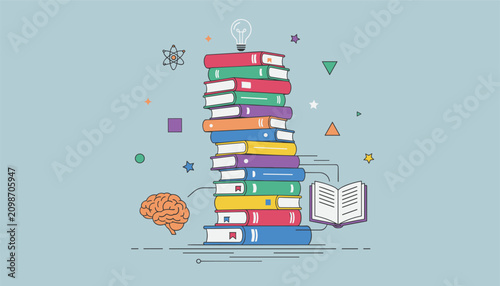 Colorful conceptual illustration of a tall stack of books topped with a glowing lightbulb next to a human brain.