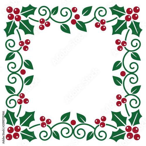 Fotografie Elegant green holly leaf and red berry border frame