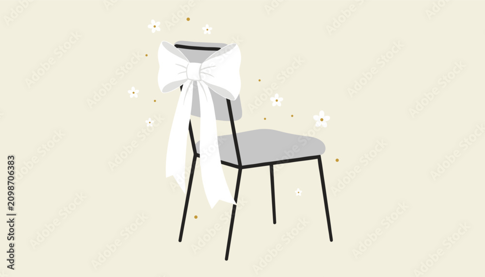 Fototapeta premium Elegant wedding ceremony chair beautifully decorated with a large white satin bow and surrounded by delicate sparkles.