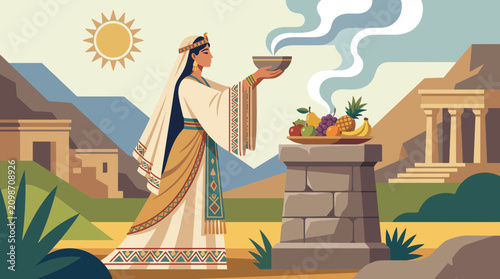 Schilderij op canvas Priestess Performing Ceremonial Offering Ritual Flat Style Vector Illustration