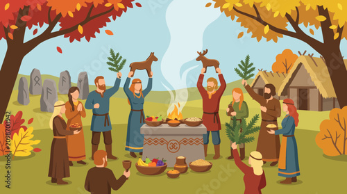 Obraz na płótnie Villagers Performing Seasonal Blot Offering Ritual Flat Style Vector Illustratio
