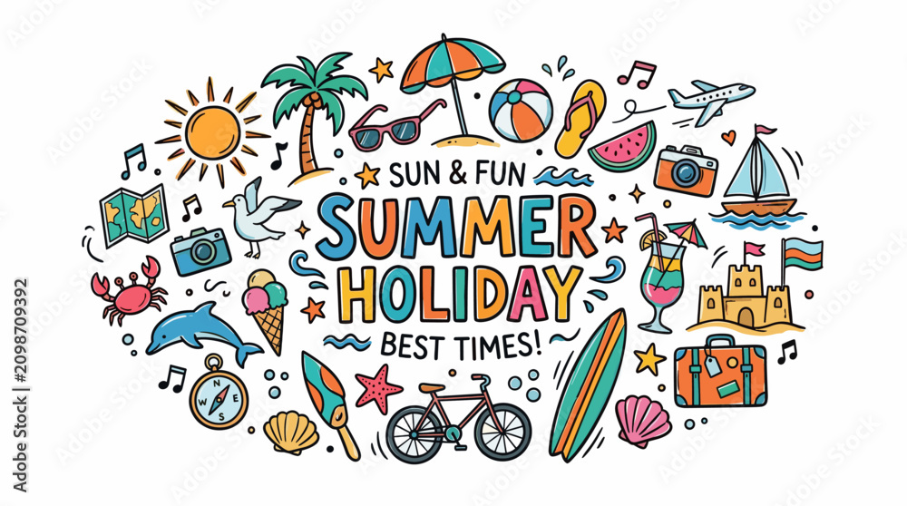 Fototapeta premium Summer Holiday Vacation Icons in Colorful Hand Drawn Doodle Style