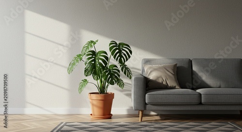 Monstera plant next to a sofa interior design with sunlight and copy space