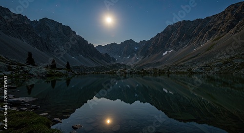 Mountain landscape with a lake reflecting the moon and mountain peaks at night