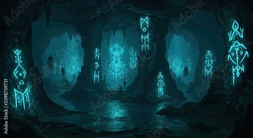 Mysterious teal symbols illuminate a dark cavernous interior design concept