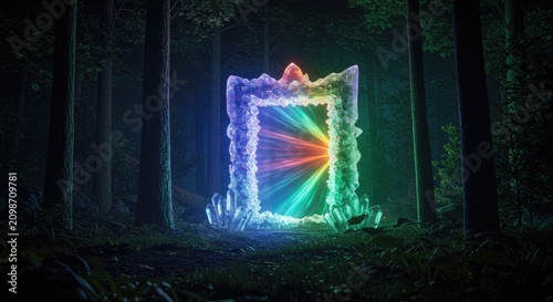Mystical portal in forest with glowing rainbow colors and emerging light