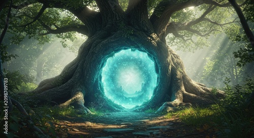 Mystical portal in ancient tree surrounded by forest sunlight nature scene
