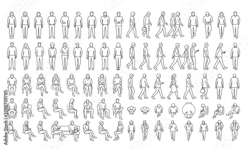 CAD Drawings. comprehensive Set people outlines isolated on white and transparent background. Sitting, Standing, walking. Top view. Vector illustration.