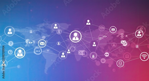Network of connected icons representing global communication and data sharing