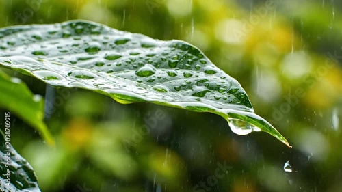 Raindrops resting on green leaf surface.