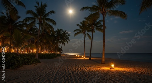 Nighttime beach scene with palm trees under the full moon light