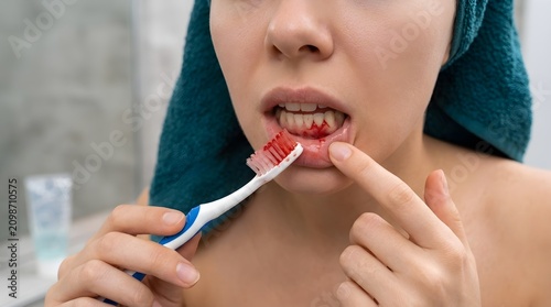 Bleeding Gums Woman – Towel Wrapped Head, Toothbrush in Hand, Pointing Finger, Bathroom Setting, Blurred Sink, Mirror, Dental Issue, Gum Disease, Editorial, Creative, Design
