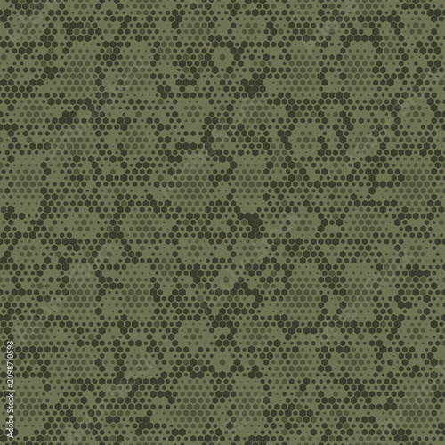 Full Seamless military camouflage background. Olive, khaki and gray organic patches use a honeycomb halftone texture, creating an army vector pattern for uniform fabric print and outdoor bags.