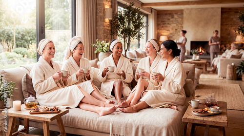 Spa Day Serenity: A group of women in plush robes and towels enjoy a tranquil spa day, sipping tea and sharing laughter in a serene, cozy lounge, embodying relaxation and self-care.
