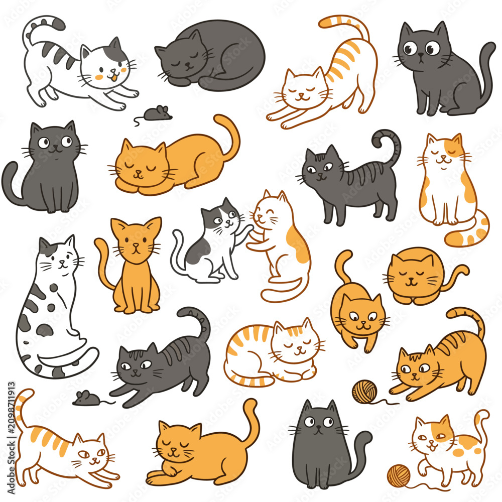 Fototapeta premium Cute cartoon cats in various playful poses on a white background