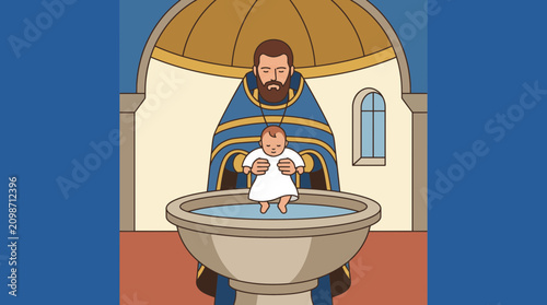Photos Priest Performing Orthodox Baptism Immersion Flat Style Vector Illustration