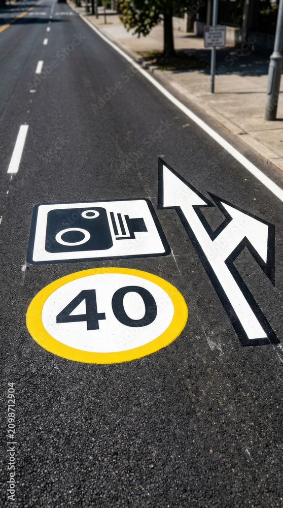 Obraz premium Speed Limit Enforcement Road Markings And Speed Camera Symbol On Asphalt