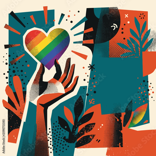 Photos Stylized hand uplifting a rainbow pride heart in vibrant artwork