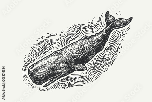 Canvastavla Detailed vintage engraving of a majestic sperm whale in swirling waves