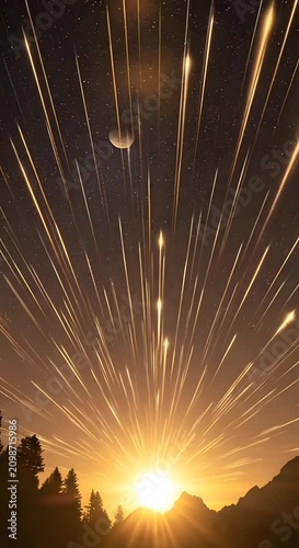 Starburst light rays and moon over dark forest.