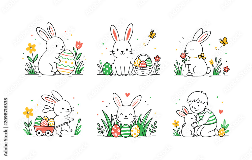 Fototapeta premium Minimal Easter Bunny, clean editorial illustration set with 6 separate small illustrations about minimalist bunny, decorated eggs, spring grass, holiday celebration, cute rabbit, countryside joy,