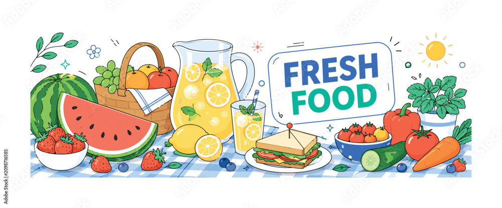 Fototapeta premium Fresh Summer Food Banner clean editorial stock illustration of fresh summer picnic food arranged across a park blanket, oversized watermelon slice and large lemonade pitcher as main objects, fruit and