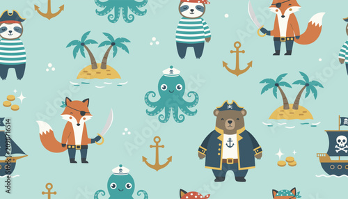 Repeated seamless pattern of cute cartoon pirate animal characters on blue background