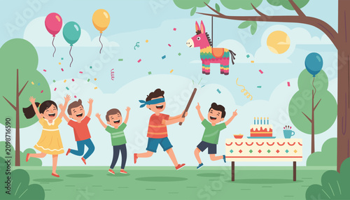 Blindfolded boy hitting a colorful donkey pinata at an outdoor children birthday party