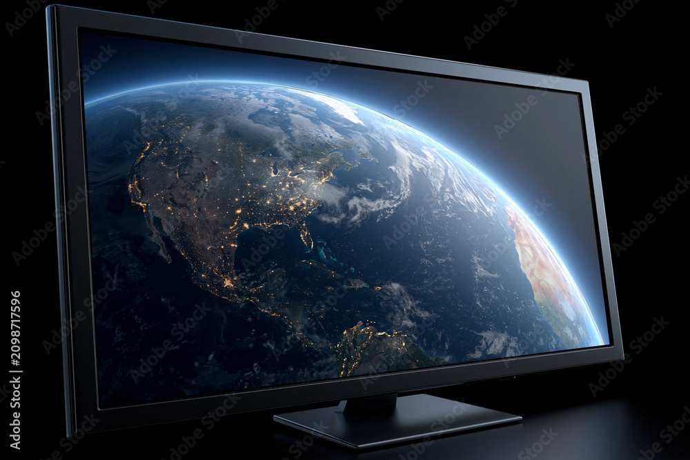 Fototapeta premium Earth displayed on TV in dark room